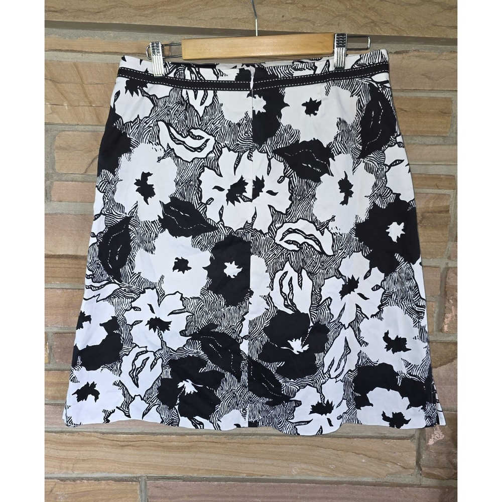 Pursuits Ltd. Size 12 Black White Floral A-Line Knee Length Skirt Ribbon Trim